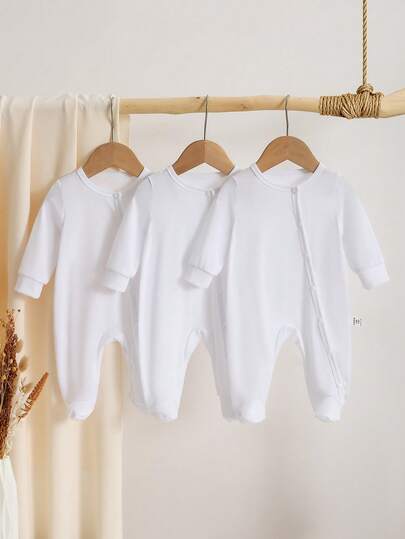 SHEIN Vintaside Kids 3 قطع/مجموعة جمبسوت رضيع حديث الولادة، جمبسوت قطعة واحدة كاملة بأكمام طويلة وأقدام، بيجاما