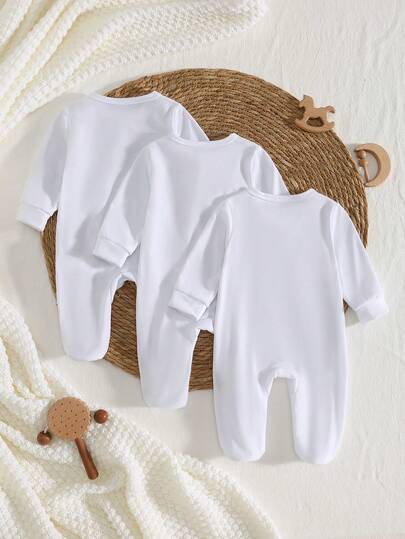 SHEIN Vintaside Kids 3 قطع/مجموعة جمبسوت رضيع حديث الولادة، جمبسوت قطعة واحدة كاملة بأكمام طويلة وأقدام، بيجاما