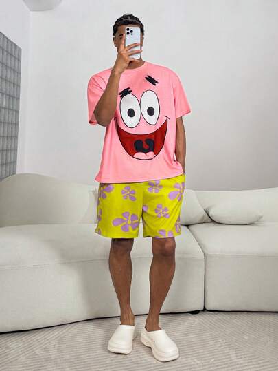 SpongeBob SquarePants | SHEIN بيجامة رجالية مكونة من تي شيرت بأكمام قصيرة وشورت مطبوعة برسوم كرتونية مضحكة، ملابس منزلية صيفية