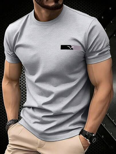 Manfinity Homme ملابس علوية قصير الأكمام بتصميم بسيط مع شعار النورس، ملابس علوية رجالي قصير الأكمام رمادي متعدد الاستخدامات وبتصميم بسيط