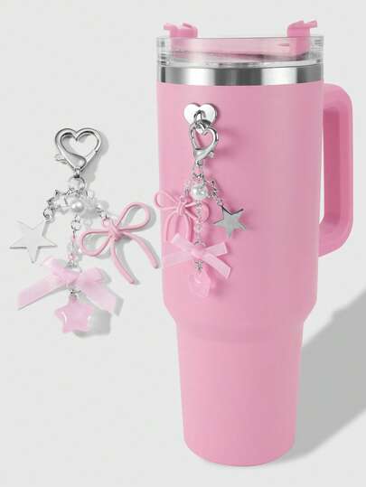 ROMWE Kawaii 1 قطعة قلادة نجمة من الفضة عالية الجودة ذات تصميم أنيق وبسيط، مزينة بخرز اللؤلؤ الأبيض والبلور الوردي الشفاف، مع شريط ربطة عقدة الفراشة فارغة، مناسبة كسلسلة مفاتيح أو تعليق للحقيبة أو زجاجة المياه أو تعليق للهاتف، تأتي مع مسكة هاتف وملحقات عل