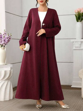 Al Najma عباءة نسائية طويلة الأكمام بياقة على شكل حرف V، قماش مخطط ذو ملمس، ديكور معدني، فضفاضة وأنيقة للاستخدام اليومي