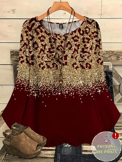EMERY ROSE قميص نسائي كاجوال بطبعات كاملة الجسم وياقة مستديرة وأكمام ثلاثة أرباع فضفاض، مناسب للخريف والشتاء