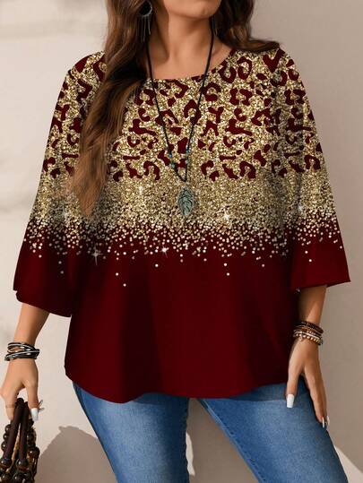 EMERY ROSE قميص نسائي كاجوال بطبعات كاملة الجسم وياقة مستديرة وأكمام ثلاثة أرباع فضفاض، مناسب للخريف والشتاء