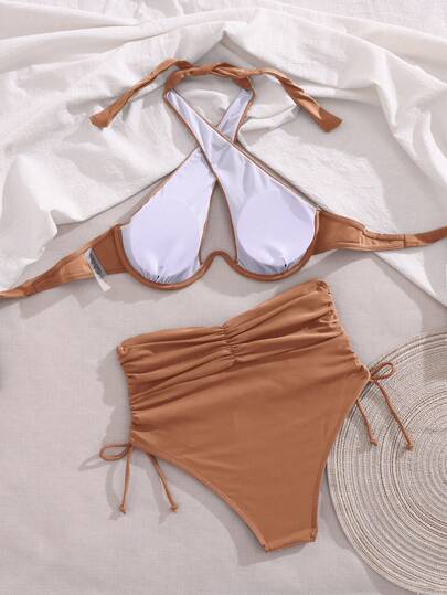 SHEIN Swim بيكيني نسائي صيفي بلون أحادي مع ربطة عنق وحمالات متقاطعة، مثير مع سلك داخلي