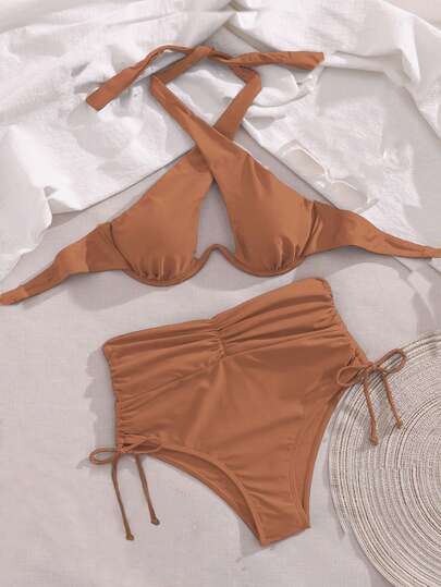 SHEIN Swim بيكيني نسائي صيفي بلون أحادي مع ربطة عنق وحمالات متقاطعة، مثير مع سلك داخلي