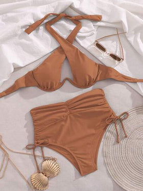 SHEIN Swim بيكيني نسائي صيفي بلون أحادي مع ربطة عنق وحمالات متقاطعة، مثير مع سلك داخلي