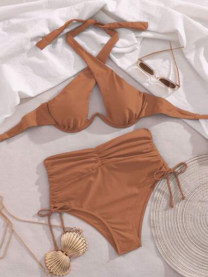 SHEIN Swim بيكيني نسائي صيفي بلون أحادي مع ربطة عنق وحمالات متقاطعة، مثير مع سلك داخلي