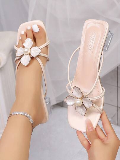 نعال نسائية مفتوحة الأصبع بكعب بلوري، أصبع مربع، كعب سميك، صنادل بدون ربط للصيف