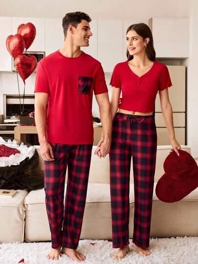 CoupledUp بيجامة رجالية كاجوال بطبعة المربعات، قصيرة الأكمام وبنطلون