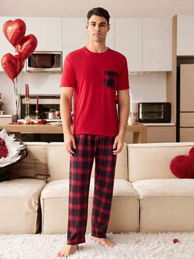 CoupledUp بيجامة رجالية كاجوال بطبعة المربعات، قصيرة الأكمام وبنطلون