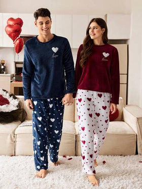CoupledUp طقم بيجامة رجالي من الفلانيل بطبعة قلب دافئة، بأكمام طويلة وبنطال طويل