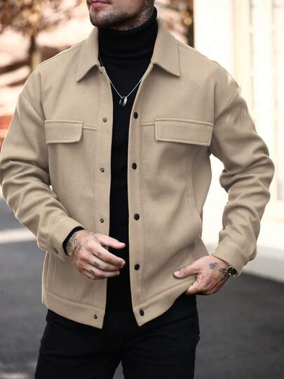 Manfinity Homme معطف صوفي أحادي الصدر بجيب للرجال، خريف/شتاء