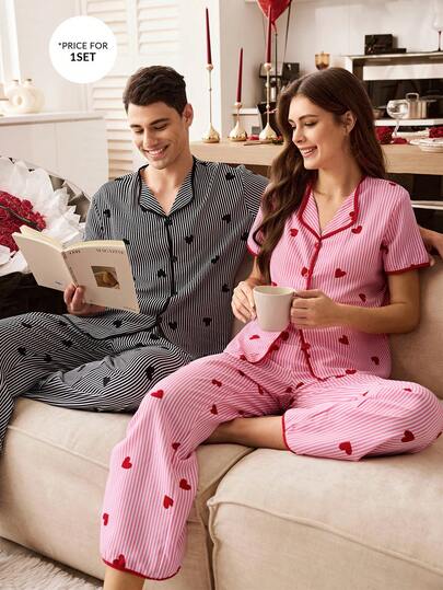 CoupledUp بيجامة مجموعة ملابس منزلية كاجوال مطبوعة بقلب مخطط للرجال