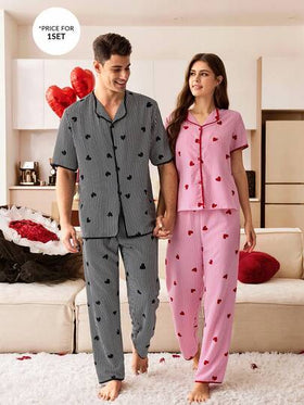 CoupledUp بيجامة مجموعة ملابس منزلية كاجوال مطبوعة بقلب مخطط للرجال