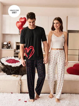 SHEIN بيجامة رجالية كاجوال بطبعة قلب مخطط وأكمام قصيرة وبنطلون