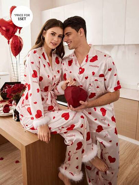 CoupledUp طقم بيجامة رجالي بأكمام قصيرة مطبوع عليه قلب وأحرف