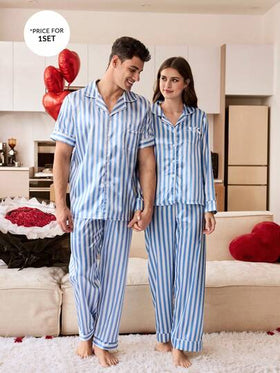 SHEIN بدلة رجالية منزلية مطبوعة بخطوط مع تريم متباين عند الياقة