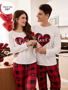 CoupledUp مجموعة بيجامة مربعات قلب للرجال 2 قطعة، ملابس منزلية للأزواج