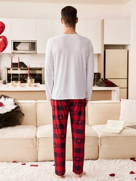 CoupledUp مجموعة بيجامة مربعات قلب للرجال 2 قطعة، ملابس منزلية للأزواج