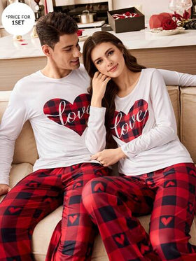 CoupledUp مجموعة بيجامة مربعات قلب للرجال 2 قطعة، ملابس منزلية للأزواج