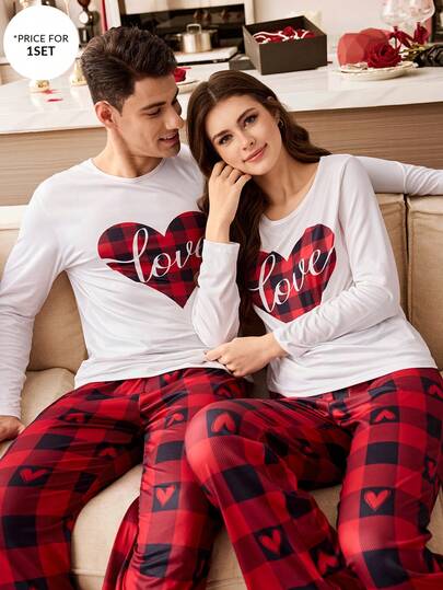 CoupledUp مجموعة بيجامة مربعات قلب للرجال 2 قطعة، ملابس منزلية للأزواج