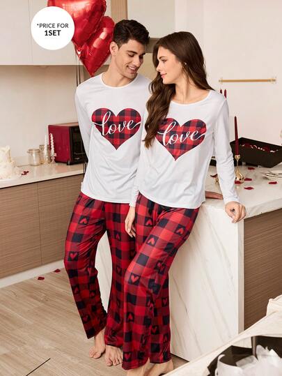 CoupledUp مجموعة بيجامة مربعات قلب للرجال 2 قطعة، ملابس منزلية للأزواج