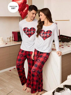 CoupledUp مجموعة بيجامة مربعات قلب للرجال 2 قطعة، ملابس منزلية للأزواج