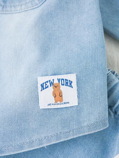 SHEIN Playful Pals طقم قميص جينز فضفاض وبنطال جينز مريح للأولاد الرضع، وصول جديد لربيع/خريف، لون أزرق فاتح مغسول، بطراز كولومبي مع شعار وتصميم سحاب، مناسب للكاجوال والحفلات والاستخدام اليومي والعطلات والمدرسة والتنقل والمنزل