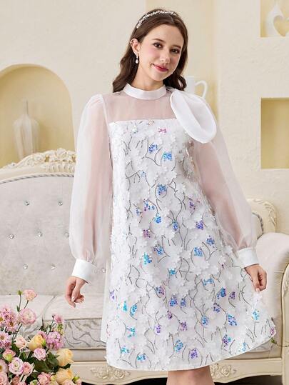 SHEIN فستان أنيق للمراهقات مزين بالترتر والتطريز الزهري مع أكمام منتفخة من الأورجانزا بتصميم A-line مع زخرفة الفيونكة