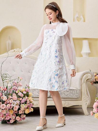 SHEIN فستان أنيق للمراهقات مزين بالترتر والتطريز الزهري مع أكمام منتفخة من الأورجانزا بتصميم A-line مع زخرفة الفيونكة