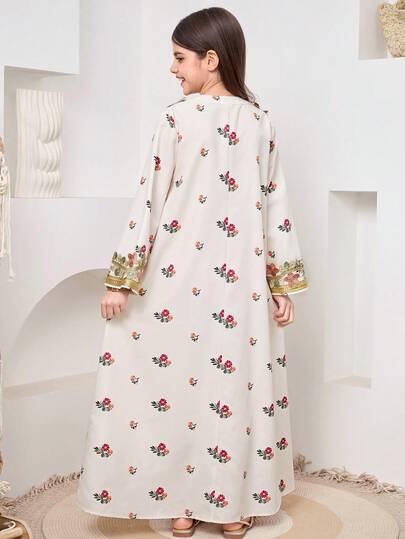 SHEIN فستان بتصميم خط الأ مع زخرفة الياقة الرقيقة المنسوجة بالأزهار، متناسق مع الأخت، أناقة العطلات