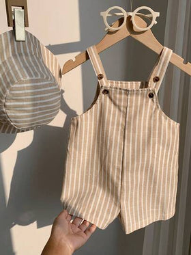 SHEIN مجموعة سترة وقبعة دلو مخططة للأطفال الرضع الصبيان/البنات للصيف، ملابس كاجوال للمنزل والخروج والشاطئ، قطعتان