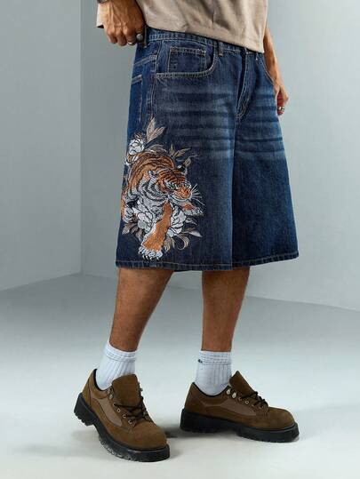 ROMWE MEN Street Life شورتات جينز كاجوال مطرزة بنمر للرجال