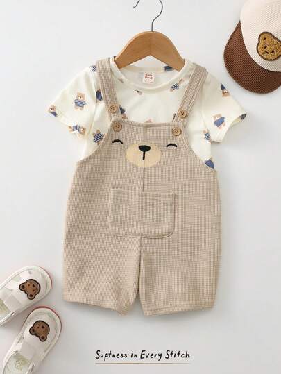 Cozy Pixies مجموعة ملابس علوية طويلة الأكمام بياقة طاقم وبنطال أوفر أولات مطرزة بنقشة الدب الكرتوني الناعمة للأطفال الصبيان، قطعتان