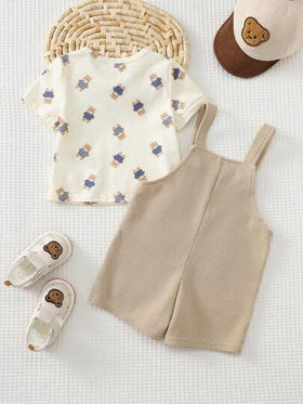 Cozy Pixies مجموعة ملابس علوية طويلة الأكمام بياقة طاقم وبنطال أوفر أولات مطرزة بنقشة الدب الكرتوني الناعمة للأطفال الصبيان، قطعتان