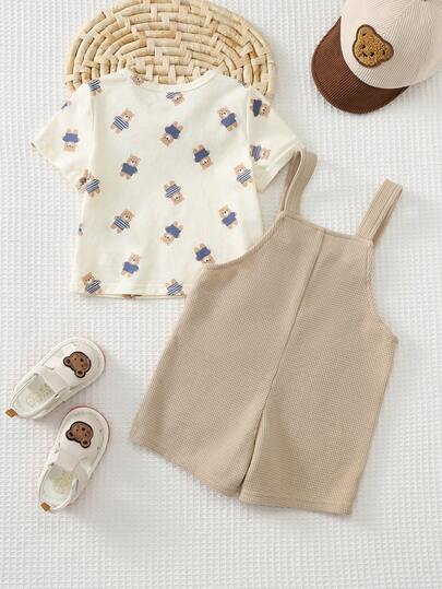 Cozy Pixies مجموعة ملابس علوية طويلة الأكمام بياقة طاقم وبنطال أوفر أولات مطرزة بنقشة الدب الكرتوني الناعمة للأطفال الصبيان، قطعتان