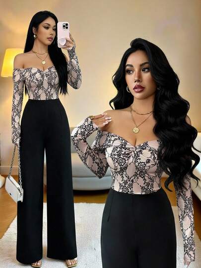 Selianne طقم جديد أنيق مكون من بلوزة ضيقة مثيرة بفتحة كتف وتفاصيل كشكشة مع بنطلون ساق مستقيمة، مناسب للتنقل اليومي
