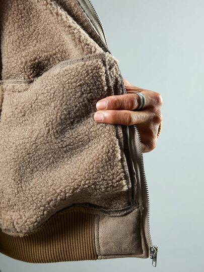 ROMWE MEN Street Life معطف جاكيت طويلة الأكمام دافئة بسحاب ذات لون أحادي بسيطة للاستخدام اليومي للرجال