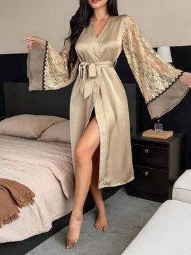 DAZY فستان نوم طويل للنساء مع أكمام مزينة بالدانتيل الشفاف والكشكشة