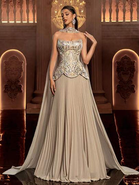 Glamrae فستان سهرة أنيق وفاخر ونبيل باللون المشمشي، من الشيفون المزين بالترتر، بخصر منخفض وتنورة كبيرة الحجم، وشال قابل للإزالة مع أكمام طويلة منفرجة، مطرز يدويًا بالخرز، قابل للتعديل بربطة، مناسب لجميع المناسبات الرسمية