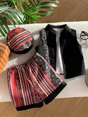 SHEIN مجموعة من 3 قطع للأطفال الصغار: جاكيت ملونة بطبعة زهرية عتيقة، شورت وقبعة، مناسبة للربيع والصيف، جميلة للارتداء اليومي والمناسبات