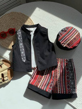 SHEIN مجموعة من 3 قطع للأطفال الصغار: جاكيت ملونة بطبعة زهرية عتيقة، شورت وقبعة، مناسبة للربيع والصيف، جميلة للارتداء اليومي والمناسبات