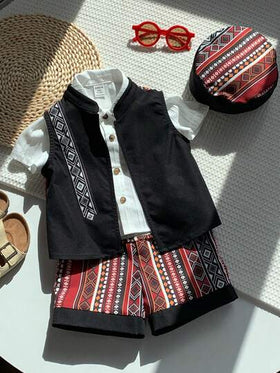 SHEIN مجموعة من 3 قطع للأطفال الصغار: جاكيت ملونة بطبعة زهرية عتيقة، شورت وقبعة، مناسبة للربيع والصيف، جميلة للارتداء اليومي والمناسبات