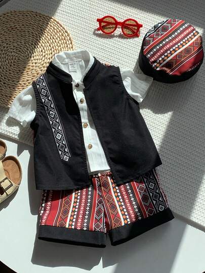 SHEIN مجموعة من 3 قطع للأطفال الصغار: جاكيت ملونة بطبعة زهرية عتيقة، شورت وقبعة، مناسبة للربيع والصيف، جميلة للارتداء اليومي والمناسبات