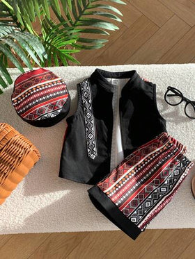 SHEIN مجموعة من 3 قطع للأطفال الصغار: جاكيت ملونة بطبعة زهرية عتيقة، شورت وقبعة، مناسبة للربيع والصيف، جميلة للارتداء اليومي والمناسبات