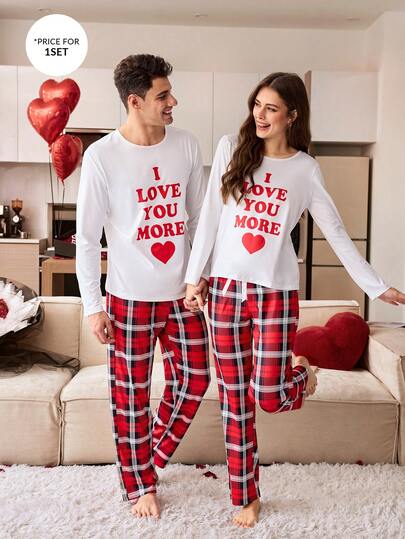 CoupledUp بدلة بيجامة رجالية مكونة من ملابس علوية بطبعة قلب "أحبك" وبنطال مربعات للعيد والكريسماس، مريحة وعصرية
