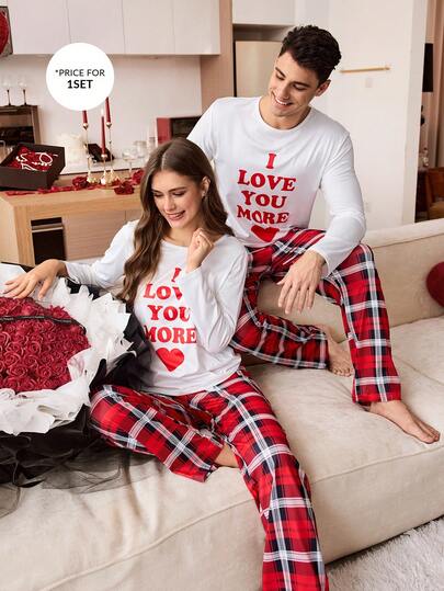 CoupledUp بدلة بيجامة رجالية مكونة من ملابس علوية بطبعة قلب "أحبك" وبنطال مربعات للعيد والكريسماس، مريحة وعصرية