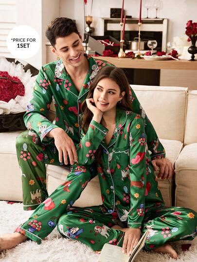 CoupledUp بيجامة زوجية من الساتان بطبعات كلب السجق الكاجوال الطريف، قلب، بالون، زهرة على الياقة، أكمام طويلة للرجال