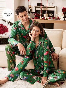 CoupledUp بيجامة زوجية من الساتان بطبعات كلب السجق الكاجوال الطريف، قلب، بالون، زهرة على الياقة، أكمام طويلة للرجال